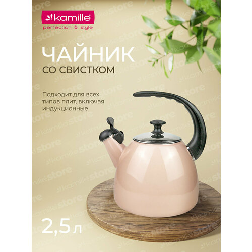 Чайник 2,5 л. эмалированный со свистком Kamille KM 1040B с черной бакелитовой ручкой (2,5 л. / розовый) фото