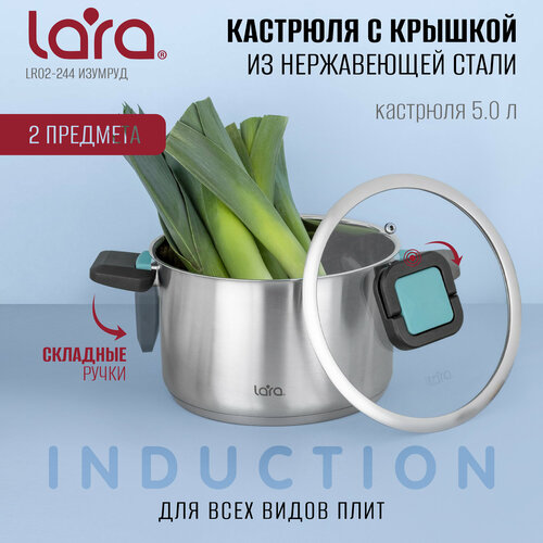 Кастрюля с крышкой LARA LR02-244 - серия изумруд, 22 см, 5 л, 5-слойное капсулированное дно, складные ручки фото