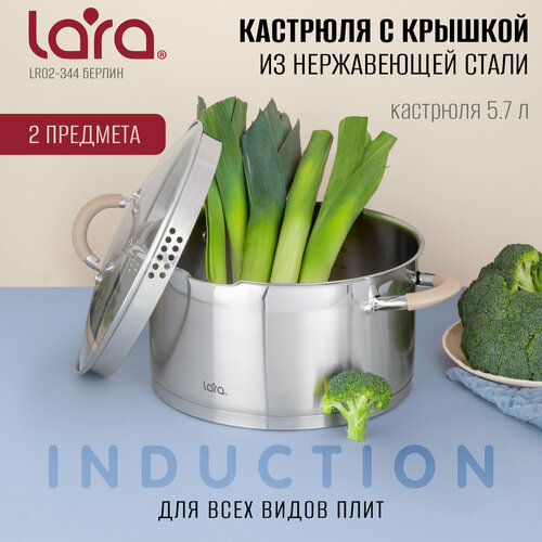 Кастрюля LARA LR02-344 Берлин, 5,7л, d 24см, из нержавеющей стали, для всех типов плит. фото