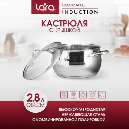 Кастрюля LARA LR02-32 APPLE, 2,8л, d18 см, из нержавеющей стали, для всех типов плит. фото