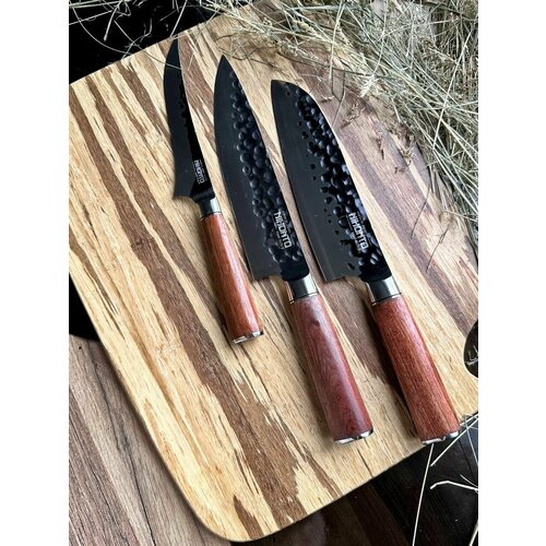 NIHONTO Набор японских кухонных ножей. 3 ножа. Шеф-нож Gyuto + поварской нож Santoku + нож для разделки Honesuki. Профессиональные кухонные ножи . Кованая сталь AUS-8. фото