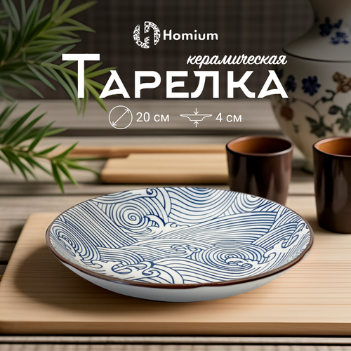 Тарелка столовая керамическая для сервировки стола Homium, Japanese Collection, Очарование, цвет белый/синий, D20см фото