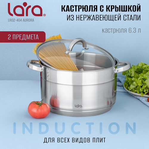 Кастрюля из нержавеющей стали LARA LR02-404 AURORA/ 6.3 л/ стальные ручки/ капсулированное/ индукционное дно/ крышка с паровыпуском фото