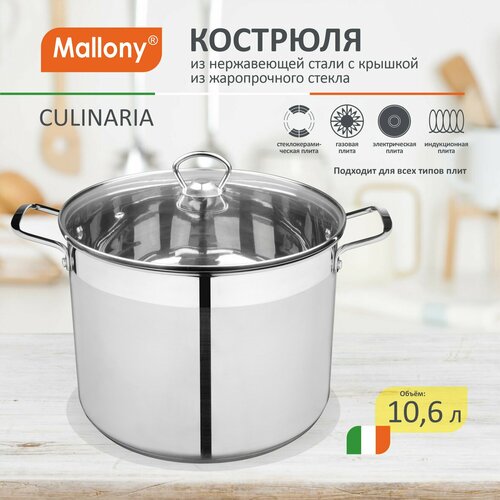 Кастрюля CULINARIA, объем 10,6 л, из нерж стали с крышкой из жаропрочного стекла фото