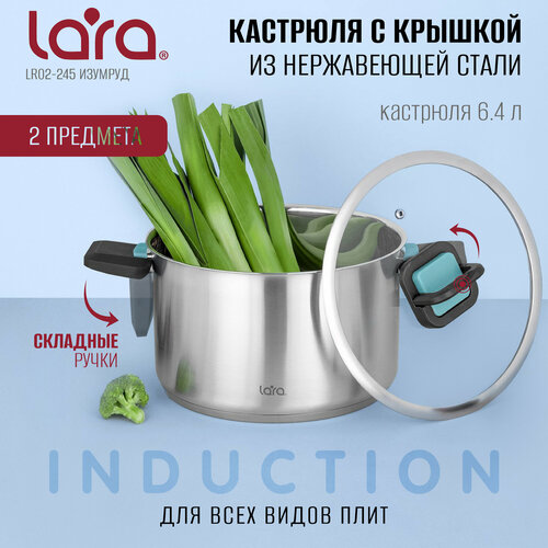 Кастрюля с крышкой LARA LR02-245 - серия изумруд, 24 см, 6,4 л, 5-слойное капсулированное дно, складные ручки фото