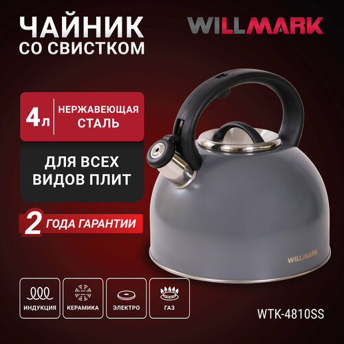 Чайник WILLMARK WTK-4810SS (4л, со свистком, с крышкой, нейлоновая ручка, техн. Easy spout open), Темно-серый фото