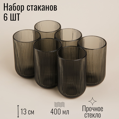 Стаканы набор 6 шт, стекло, объем 400 мл, высота 13 см, цвет темно-зеленый, стаканы рифленые фото