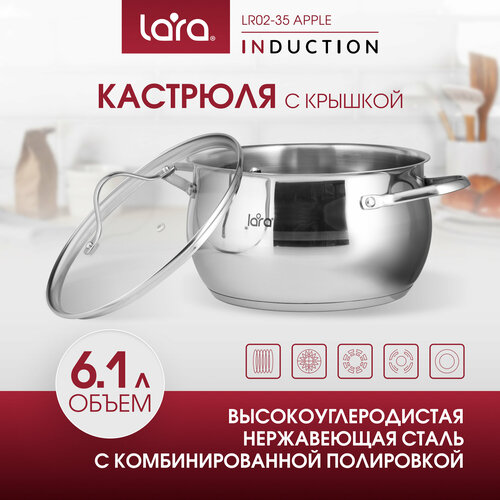 Кастрюля LARA LR02-35 APPLE, 6,1л, d24 см, из нержавеющей стали, для всех типов плит. фото