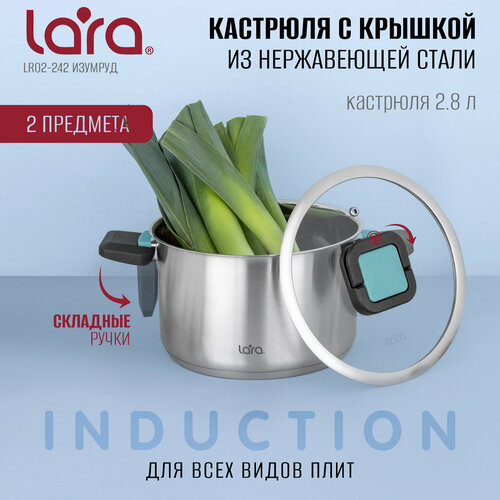 Кастрюля с крышкой LARA LR02-242 - серия изумруд, 18 см, 2,8 л, 5-слойное капсулированное дно, складные ручки фото