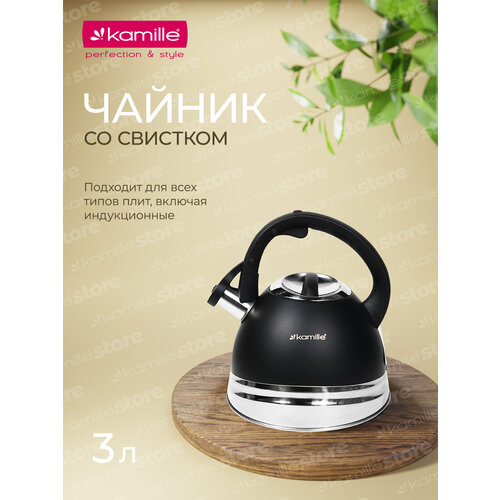 Чайник для плиты 3 л. со свистком Kamille KM 0860 из нержавеющей стали (3 л. / черный) фото