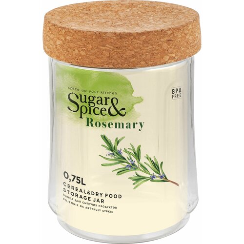 Банка для хранения сыпучих продуктов на кухне Rosemary 0,75л из прозрачного пластика с завинчивающейся пробковой крышкой ЭКО Sugar&Spice фото