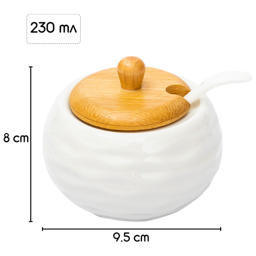 Банка для хранения с ложкой, бочонок для варенья и меда, солонка, банки для круп, горшочек для сладкого, сахарница с крышкой белая подарочная Эврика (Бочонок, 230 мл) фото