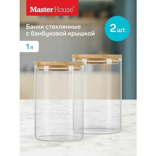 Набор банок стеклянных с бамбуковой крышкой Тауэр Master House 1 литр 2 штуки фото