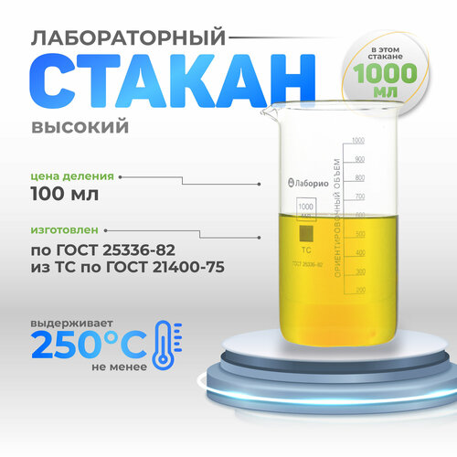 Стакан 1000 мл высокий (тип В, лабораторный, термостойкий, стеклянный) В-1-1000 фото