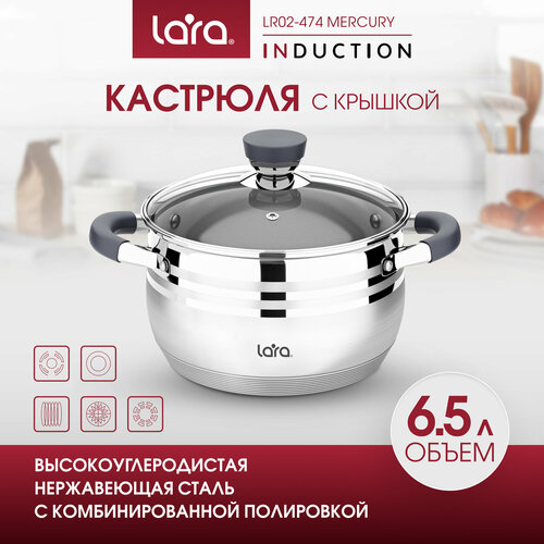 Кастрюля LARA LR02-474 MERCURY, 6,5л, d 24см, из нержавеющей стали, для всех типов плит. фото