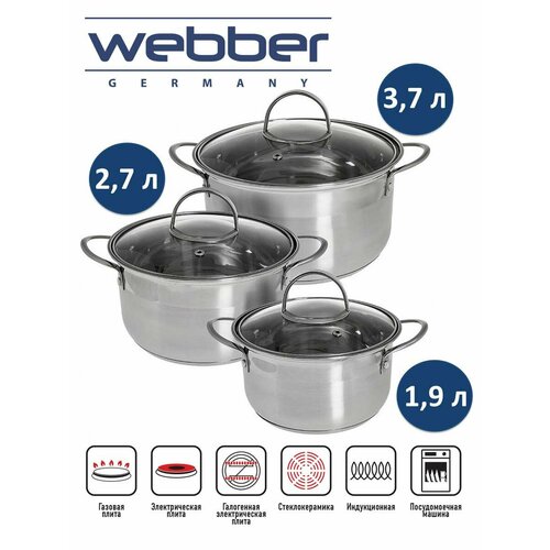 Набор посуды 6 предметов: 3 кастрюли (1,9 л, 2,7 л, 3,7 л) WEBBER BE-629/6 фото