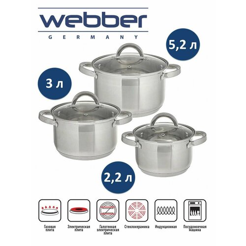 Набор посуды 6 предметов: 3 кастрюли (2,2 л, 3 л, 5,2 л) WEBBER BE-628/6 фото